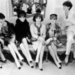Gina Lollobrigida surrounded by Chanel models wearing suits two tone shoes. Couture Fall 1964 photo Chanel